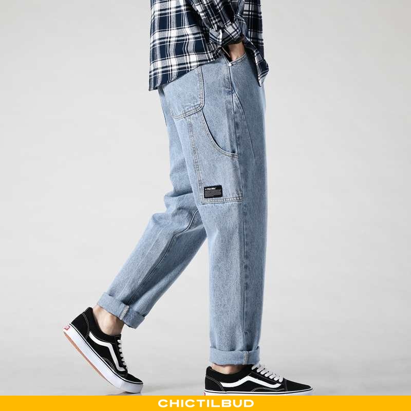 laser Tilbud pas Cowboybukser cargo bukser jeans herre straight løse slim fit trend forårs  blå - chictilbud.com