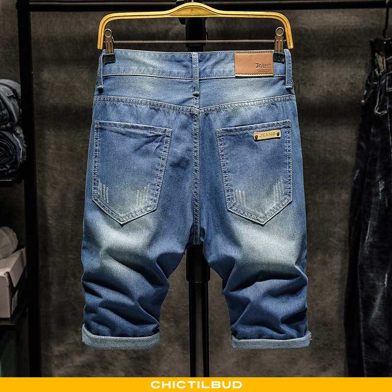 Jeans Herre Shorts Denim Med Huller Blå