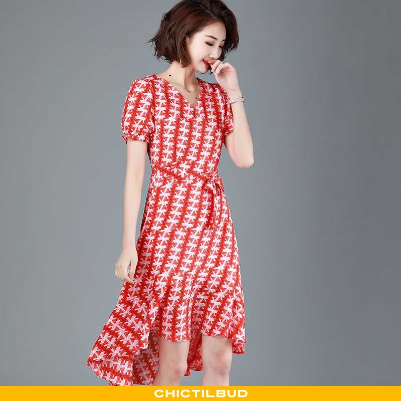Kjole kjoler dame chiffon kortærmet rød chictilbud.com