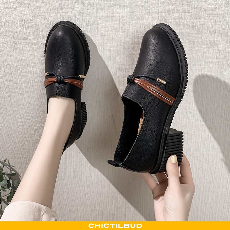 Høje hæle mokkasin lædersko enkelt sko dame sommer sort -