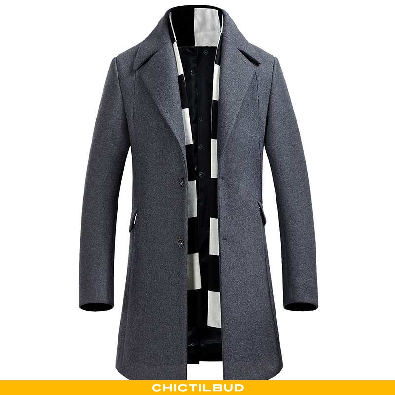 Frakke trenchcoat uldfrakke herre uld casual tykke vinter lang grå -