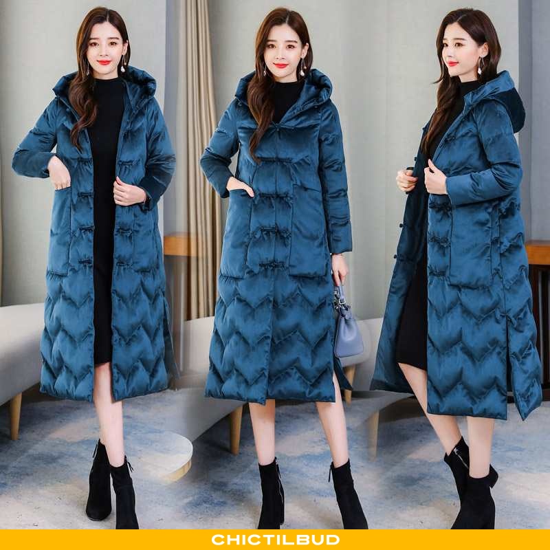 Bomuld bomuldsjakke dame behagelige tykke trend vinter lang mørkeblå -